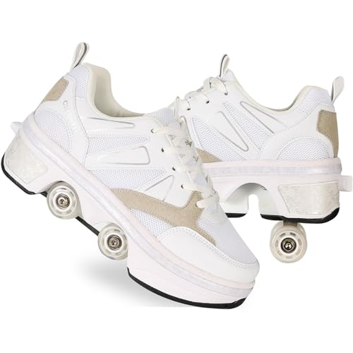 Mädchen und Kinder Rollschuhe Schuhe mit Rollen Verstellbar Quad Kick Roller Skates for Women 2 in 1 Inline-Skates Deformation Sneakers für Anfänger,Grau-41EU von AGLOAT