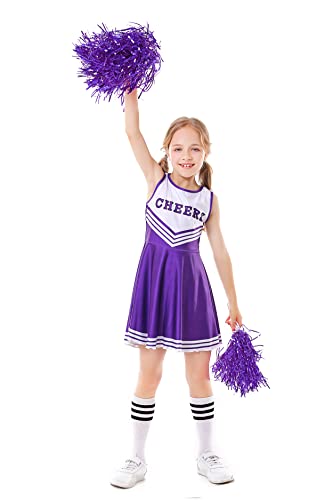 ALUCIC Mädchen Cheerleader Kostüm Cheerleading Uniform Karneval Fasching Party Halloween Kostüm Kleid Minirock mit 2 Pompoms und Socken (Lila, 146-152) von ALUCIC
