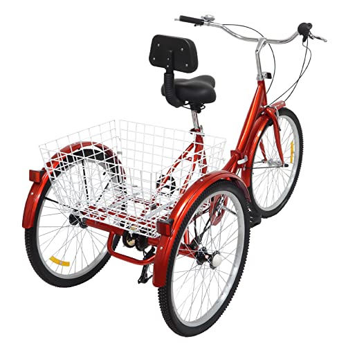 Brride Dreirad für Erwachsene Vintage Rot mit Rückenlehne und Shopping Korb 24 Zoll 3 Räder Faltbares Fahrrad 7 Gang-Fahrrad Dreiräder,City Tricycle für Freizeit-Shopping,Campingplätze von Brride