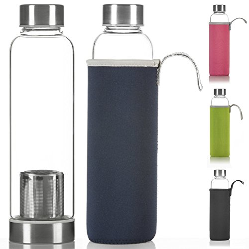 Dimono Deluxe Trinkflasche aus Glas 600ml - Sport Glasflasche Wasser-Flasche; bruchsicher mit Edelstahl Filter-Einsatz & Nylon Thermo-Hülle (Blau mit Filter) von Dimono