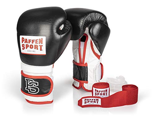 PAFFEN SPORT «Pro» Box-Bundle, «PRO Performance» Boxhandschuhe, schwarz/weiß/rot, 14UZ.; «Allround» Bandage rot, 3,5 m; «Allround» Zahnschutz, transparent, ohne Mint von PAFFEN SPORT