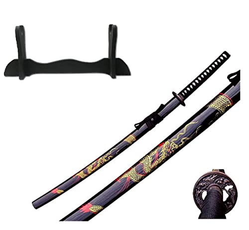 Drachen Katana Schwert scharf echt zum Training Metall Dazu der Ständer Stahl 1060 Samurai 100% Handarbeit nur für Erwachsene - 18 Jahre erforderlich 4KM91-409BKA von 57 SPECIAL REPLICAS