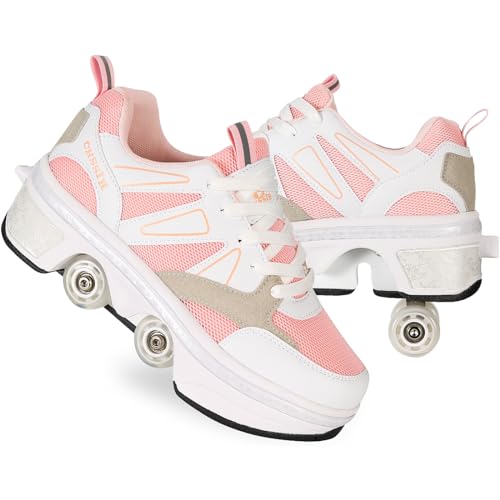 Mädchen und Kinder Rollschuhe Schuhe mit Rollen Verstellbar Quad Kick Roller Skates for Women 2 in 1 Inline-Skates Deformation Sneakers für Anfänger,Rosa-42EU von AGLOAT