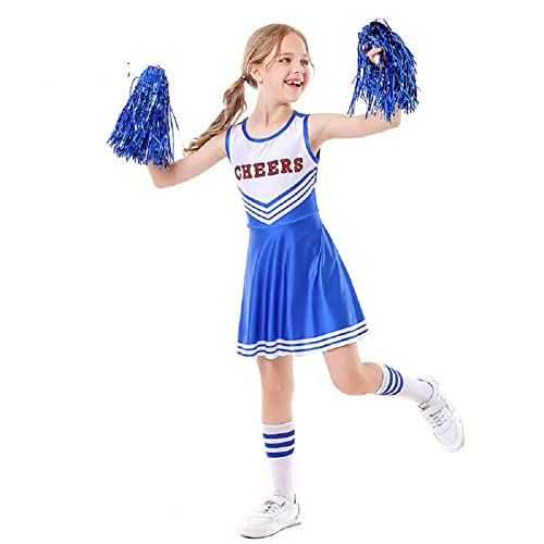 ALUCIC Mädchen Cheerleader Kostüm Cheerleading Uniform Karneval Fasching Party Halloween Kostüm Kleid Minirock mit 2 Pompoms und Socken (Blau, 128) von ALUCIC