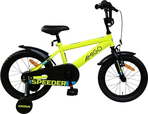 AMIGO Speeder - Kinderfahrrad - 16 Zoll - mit Handbremse, Rücktritt, Lenkerpolster und Stützräder - ab 5-6 Jahre - Gelb/Schwarz von AMIGO