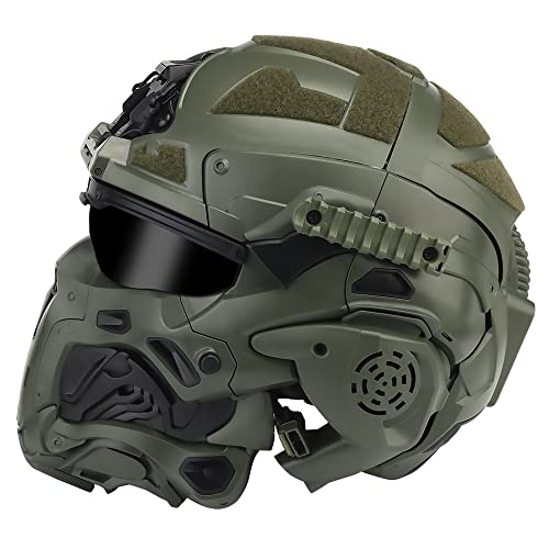Taktischer Schutz-Integralhelm, mit Maske, Headset, Brille, Nebellüfter, für Airsoft Paintball,Grün von AQ zxdc