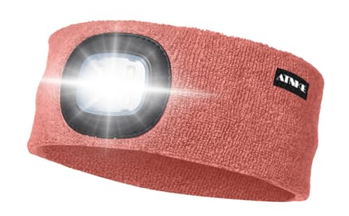 ATNKE LED Beleuchtetes Stirnband, Wiederaufladbare USB Lauf Stirnbänder mit Licht Extrem Heller 4 LED Lampe Winter Warme Stirnlampe für Herren und Damen Geschenke/Bean Paste Powder von ATNKE