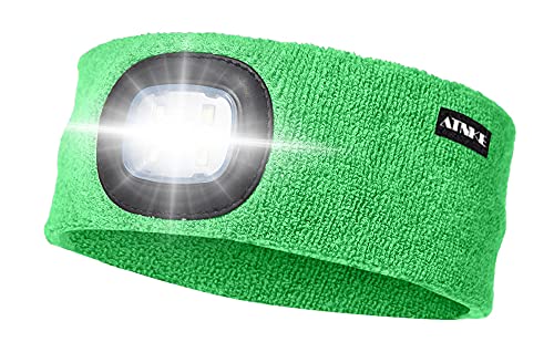 ATNKE LED Beleuchtetes Stirnband, Wiederaufladbare USB Lauf Stirnbänder mit Licht Extrem Heller 4 LED Lampe Winter Warme Stirnlampe für Herren und Damen Geschenke/Fluoreszierend grün von ATNKE