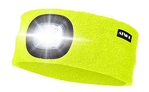 ATNKE LED Beleuchtetes Stirnband, Wiederaufladbare USB Lauf Stirnbänder mit Licht Extrem Heller 4 LED Lampe Winter Warme Stirnlampe für Herren und Damen Geschenke/Fluoreszierendes gelb von ATNKE