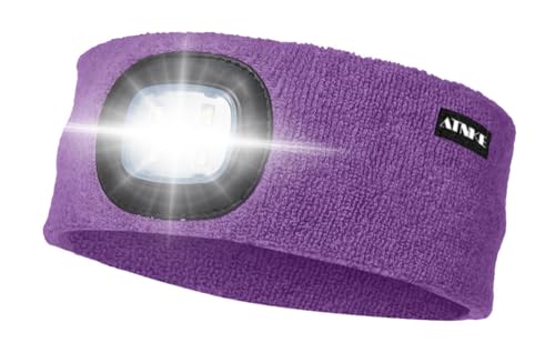 ATNKE LED Beleuchtetes Stirnband, Wiederaufladbare USB Lauf Stirnbänder mit Licht Extrem Heller 4 LED Lampe Winter Warme Stirnlampe für Herren und Damen Geschenke/Inner Purple von ATNKE
