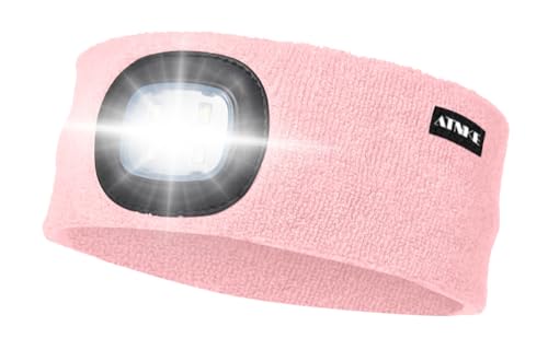 ATNKE LED Beleuchtetes Stirnband, Wiederaufladbare USB Lauf Stirnbänder mit Licht Extrem Heller 4 LED Lampe Winter Warme Stirnlampe für Herren und Damen Geschenke/Light Pink von ATNKE