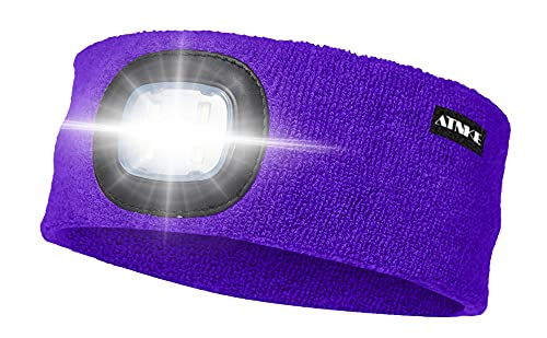 ATNKE LED Beleuchtetes Stirnband, Wiederaufladbare USB Lauf Stirnbänder mit Licht Extrem Heller 4 LED Lampe Winter Warme Stirnlampe für Herren und Damen Geschenke/Purple von ATNKE