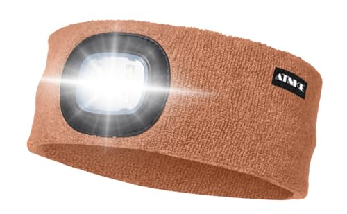 ATNKE LED Beleuchtetes Stirnband, Wiederaufladbare USB Lauf Stirnbänder mit Licht Extrem Heller 4 LED Lampe Winter Warme Stirnlampe für Herren und Damen Geschenke/Red Brown von ATNKE
