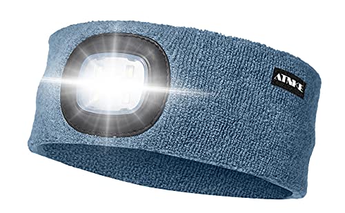ATNKE LED Beleuchtetes Stirnband, Wiederaufladbare USB Lauf Stirnbänder mit Licht Extrem Heller 4 LED Lampe Winter Warme Stirnlampe für Herren und Damen Geschenke/Shadow Blue von ATNKE