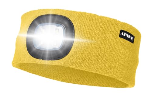 ATNKE LED Beleuchtetes Stirnband, Wiederaufladbare USB Lauf Stirnbänder mit Licht Extrem Heller 4 LED Lampe Winter Warme Stirnlampe für Herren und Damen Geschenke/Yellow von ATNKE