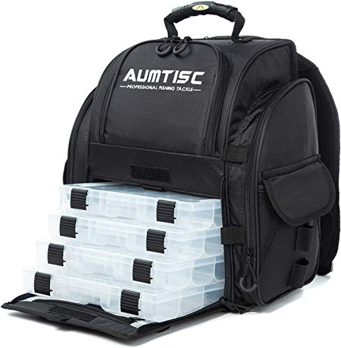 AUMTISC Angelrucksack Fishing Rucksack Große Tackle Bag mit Regenschutz und 4 Tabletts Tackle Box Angeltasche(Schwarz) von AUMTISC