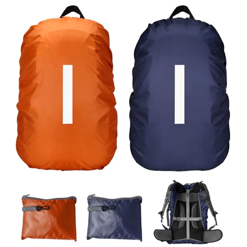 AUSYIWI 2 Piece Set Rucksack Regenhülle, wasserdichte Rucksack-Regenhülle mit reflektierenden Streifen und rutschfesten Kreuzschnallen-Gurten für Wandern, Camping, Radfahren 45L(orange + blau) von AUSYIWI