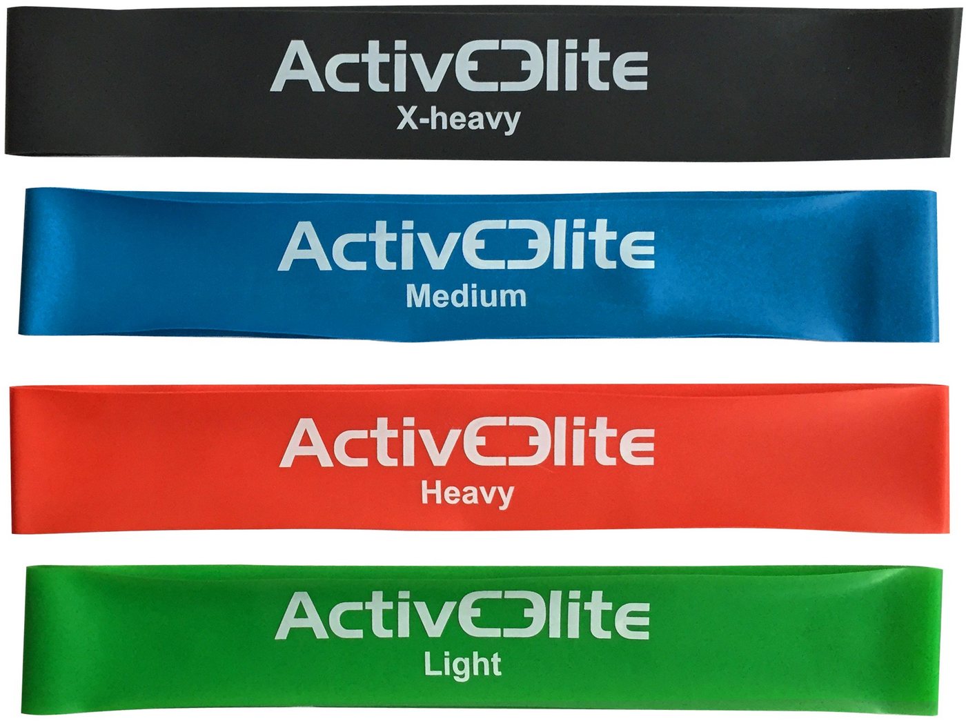 Activeelite Gymnastikband 4 verschiedene Fitnessbänder Trainingsbänder Gymnastikbänder Übungsbänder in einem Set (Leicht, Mittel, Schwer und EXTRA-Schwer) Aus 100% Naturlatex, mit Transportbeutel für die Bänder von Activeelite