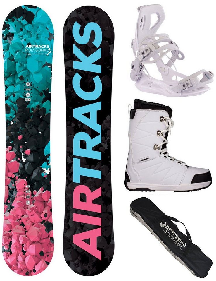 Airtracks Snowboard Damen Snowboard Polygonal Rocker »Mod. 22/23 (4er-Pack), Snowboard + Bindung Master W + Boots + Bag / 138 144 148 154 cm von Airtracks