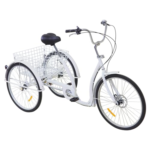 26 Zoll Dreirad für Erwachsene Cruise Bike aus Kohlenstoffreichem Stahl mit Einkaufskorb, 3 Rad Fahrrad Höhenverstellbar Cityräder 6-Gang Tragfähigkeit 120kg für Personen von 1,65-1,85M (Weiß) von Akuoyiexemye