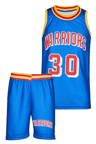 Amdrabola Warriors Stephen Curry Basketball Kinder Trikot Bausatz, Hellblau, Komm mit Shorts Basketballfans (134,Hellblau) von Amdrabola