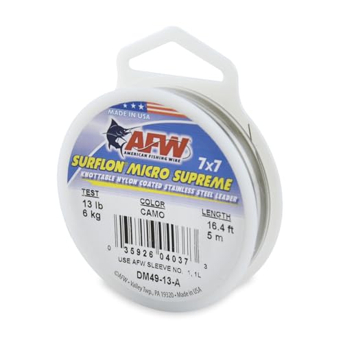 American Fishing Wire Surflon Micro Supreme, Nylon Coated 7x7 Stainless Steel Leader Wire, 5.9kg Test, 13" Diameter, Camo, 5m von American Fishing Wire