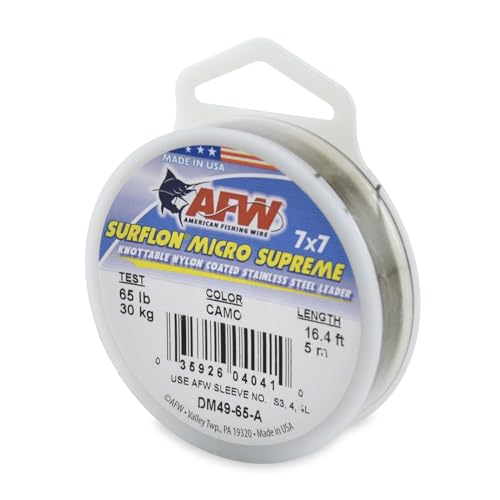 American Fishing Wire Surflon Micro Supreme, Nylon Coated 7x7 Stainless Steel Leader Wire, 65LB Test, 30" Diameter, Camo, 5m von American Fishing Wire