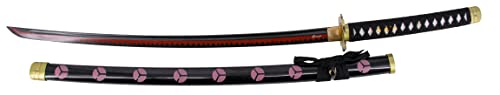 Funktionsfähiges Katana S5015H Shusui von Zoro aus One Piece, inoffizielle Replik, 105 cm Klinge AISI 1045 Kohlenstoffstahl, mit rotem Wellenschliff, Griff mit schwarzer Wicklung, inklusive Ständer von Amont