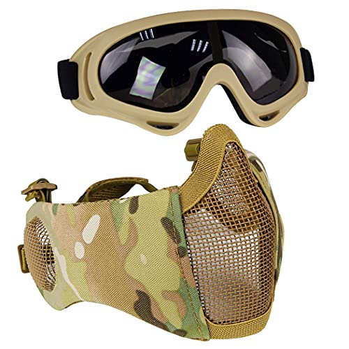 Aoutacc Airsoft Schutzausrüstung, Set mit Halbgesichtsmasken mit Ohrenschutz und Brille für CS/Jagd/Paintball/Shooting, CP von Aoutacc