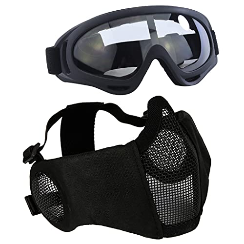 Aoutacc Airsoft Schutzausrüstung, Set mit Halbgesichtsmasken mit Ohrenschutz und Brille für CS/Jagd/Paintball/Shooting, Schwarz von Aoutacc