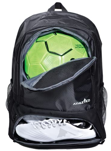 Athletico Fußballtasche für Jugendliche – Fußballrucksack & Taschen für Basketball, Volleyball & Fußball,Für Kinder, Jugendliche, Jungen, Mädchen,Inklusive separater Stollen- und Ballfächer (Schwarz) von Athletico