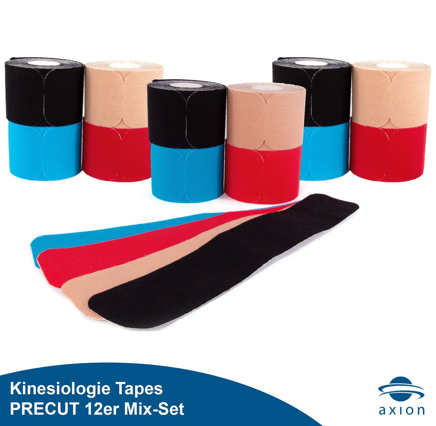 Axion Kinesiologie-Tape PRECUT 12er Mix-Set, 20 vorgeschnittene Sport Tapes 25 x 5 cm (12-St) 4 Farben • wasserfest • hautfreundlich • elastisch • selbstklebend von Axion