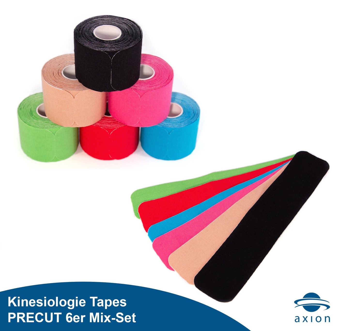 Axion Kinesiologie-Tape PRECUT 6er Mix-Set, je 20 vorgeschnittene Sport Tapes 25 x 5 cm (Set, 6-St) Kinesio-Tape selbstklebend • Wasserfest • hautfreundlich • elastisch von Axion