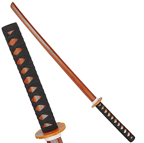 BAY-Sports Katana mit GEWICKELTEM Griff schwarz/rot Bokken Attrappe Training Samuraischwert Schwert Samurai Eiche 100 cm Trainingsschwert veredelt von BAY