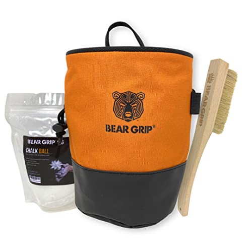 BEAR GRIP Premium Chalk Bag Bundle Pack für Klettern mit Taillengürtel Chalk Ball und Bürste (Orange) von BEAR GRIP