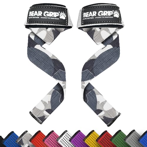 BEAR GRIP Straps - Premium Neopren-gepolsterte, doppelt genähte Heavy-Duty-Gewichthebegurte mit Gel-Griff, 100% Baumwolle, Extra Lange Länge (Tarnfarben) von BEAR GRIP