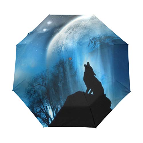 Eismond Schwarzer Wolf Regenschirm Auf-Zu Automatik UV-Schutz Taschenschirm Winddichter Umbrella Klein Leicht Schirm Kompakt Schirme für Jungen Mädchen Reise Strand Frauen von BEUSS