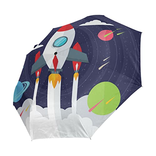 Rakete Weltraum Planet Cartoon Regenschirm Auf-Zu Automatik UV-Schutz Taschenschirm Winddichter Umbrella Klein Leicht Schirm Kompakt Schirme für Jungen Mädchen Reise Strand Frauen von BEUSS
