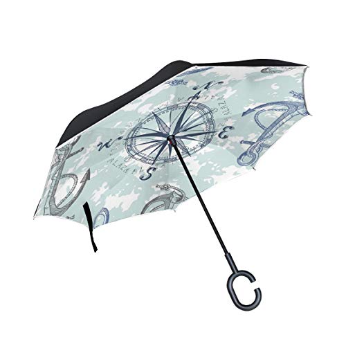 Weiße Kunst Segelkarte Kompass Reversion Invertierter Umgekehrter Regenschirm Langschirm UV-Schutz Umbrella Winddicht Schirme für Auto Jungen Mädchen Frauen von BEUSS
