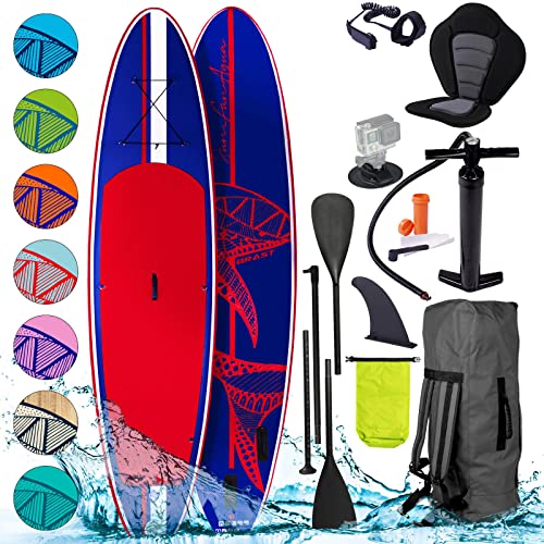 BRAST SUP Board Shark | Aufblasbares Stand up Paddle Set | 300-365cm viele Modelle | inkl. Zubehör Fußschlaufe Paddel Pumpe Rucksack | Blau Grün Gelb Rot Türkis Orange Pink | Blau Rot 320 von BRAST
