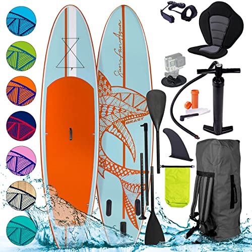 BRAST SUP Board Shark | Aufblasbares Stand up Paddle Set | 300-365cm viele Modelle | inkl. Zubehör Fußschlaufe Paddel Pumpe Rucksack | Blau Grün Gelb Rot Türkis Orange Pink | Hellblau Orange 300 von BRAST