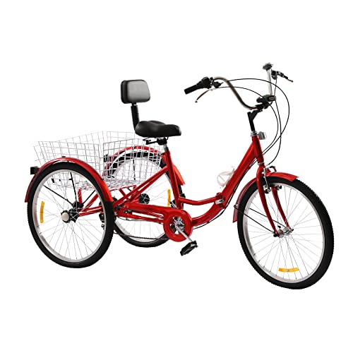 Dreirad für Erwachsene Senioren, 24 Zoll 7 Geschwindigkeit 3 Rad Fahrrad mit Korb,Cityfahrrad Tricycle-Gewichtskapazität von 140KG, mit Radspritzschutz & Einem LED-Frontlicht und Reflektoren, Rot von Balider