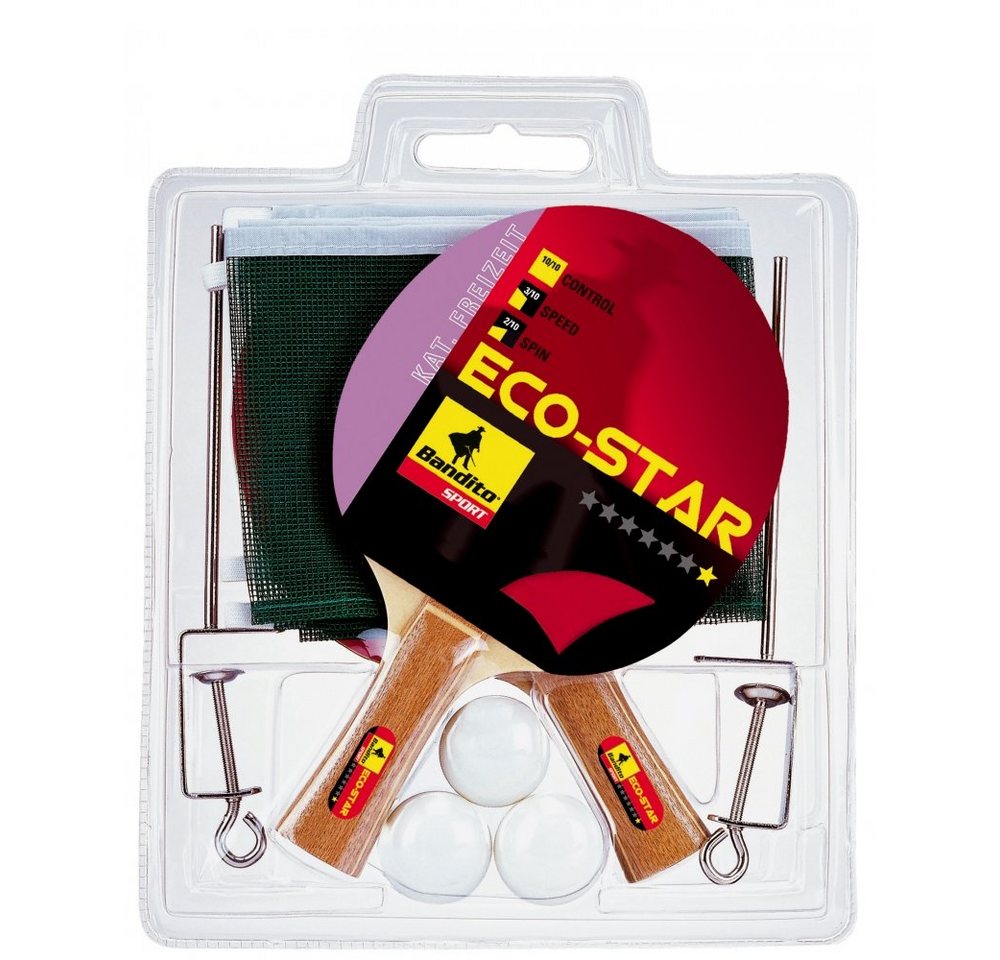 Bandito Tischtennisschläger TT-Komplett Set Eco Star * (2 Schläger, 3 Bälle * + Netz) (Spar-Set, mit Bällen, mit Netz) von Bandito