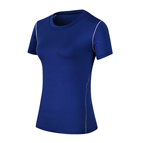 Barrageon Damen Sport Kurzarm 2Pcs T-Shirt Kompressionsshirt Fitness Yoga Top Laufshirt Funktionsshirt Sportbekleidung Shortsleeve (Blau-L) von Barrageon