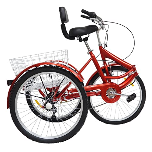 Faltbares Dreirad-24 Zoll-Dreirad Erwachsene-7 Gang Faltbares Dreirad für Erwachsene, Senioren, Frauen, Männer Lastenfahrrad 3-Rad-Fahrrad mit Einkaufskorb (Rot) von Bathrena