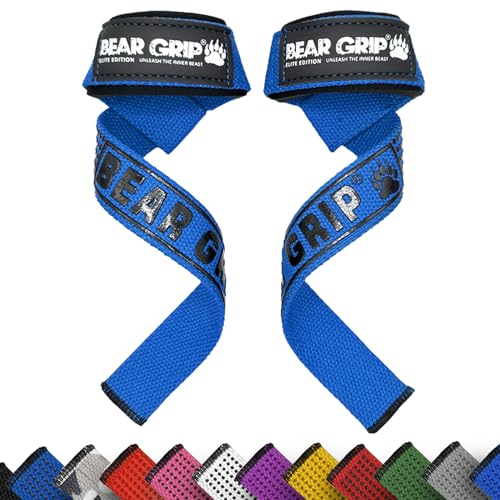 BEAR GRIP Straps - Premium Neopren-gepolsterte, doppelt genähte Heavy-Duty-Gewichthebegurte mit Gel-Griff, 100% Baumwolle, Extra lange Länge (Blau) von BEAR GRIP