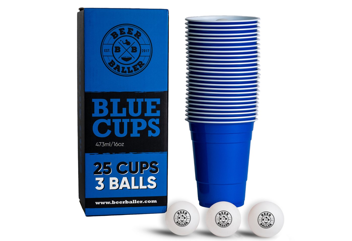 BeerBaller Becher BeerBaller® Blue Cups - 25 blaue Beer Pong Becher & 3 Bälle als Set, 16oz/473ml von BeerBaller