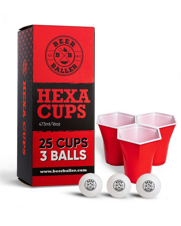 BeerBaller Becher BeerBaller® Hexa Cups - 25 Sechseckige Becher & 3 Bällen als Set, 16oz/473ml von BeerBaller