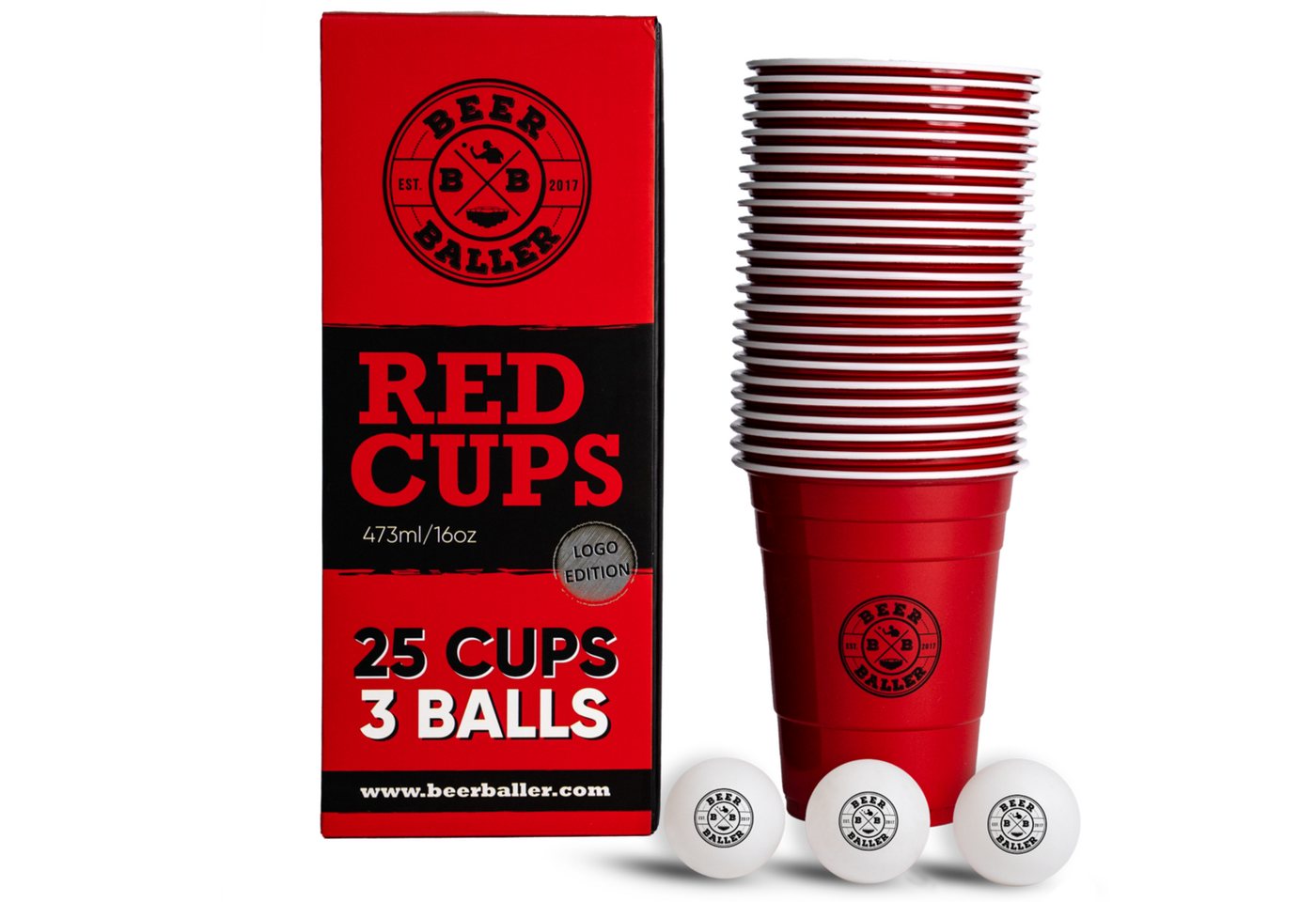 BeerBaller Becher BeerBaller® original Red Cups - 25 rote Beer Pong Becher & 3 Bälle, 16oz/473ml von BeerBaller
