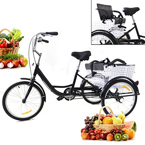 Begoniape 20 Zoll Dreirad für Erwachsene Senioren, 3 Rad Fahrrad Edelstahllegierung Erwachsenen Kindersitz Design, Schwarz Dreirad 3 Räder Fahrrad mit Korb von Begoniape